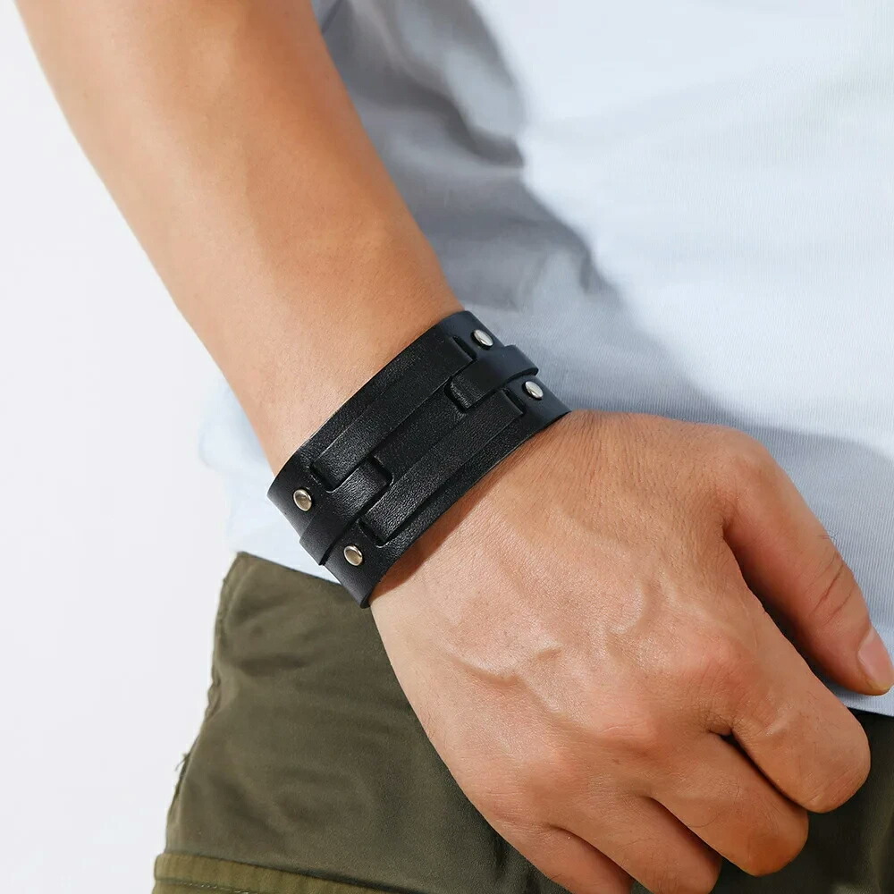 楽天市場】ブラックレザーニットブレスレット 黒色 手首 ワイド 幅あり