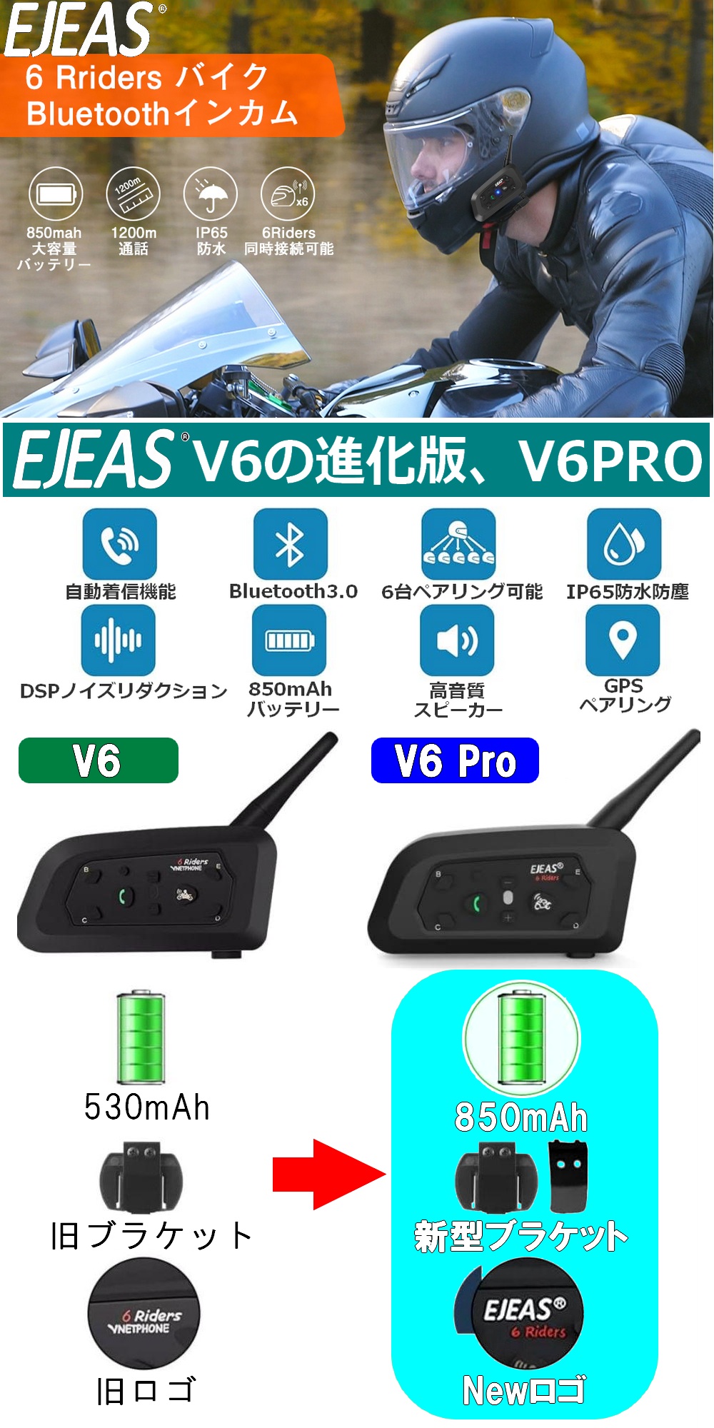 楽天市場】バイク用 インカム EJEAS V6 Pro 6riders 通話最大距離1200M