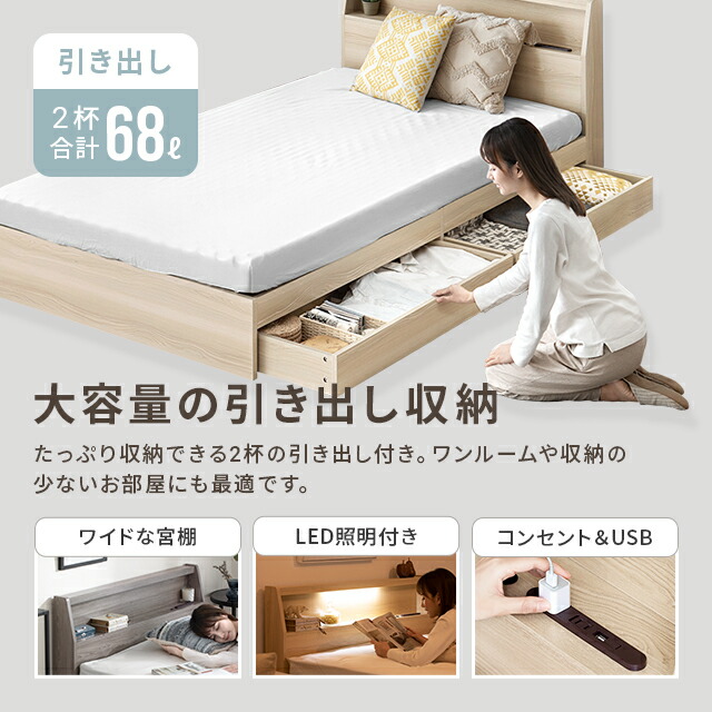 楽天市場】[本日P5倍] ダブルベッド マットレス付き 照明付き 収納付き