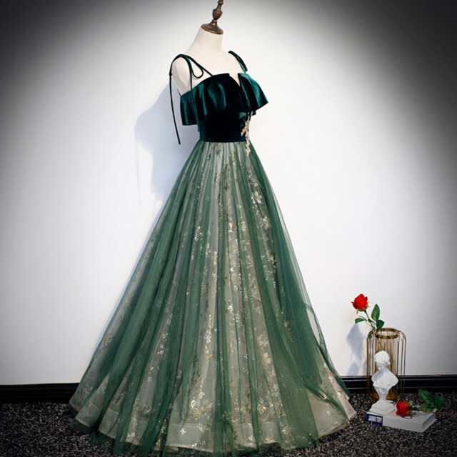 楽天市場】ロングドレス 緑 グリーン イブニングドレス ベロア