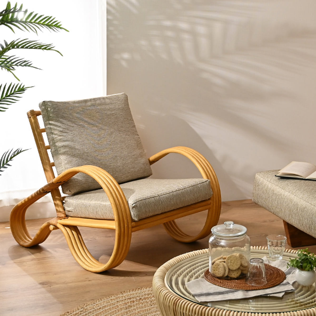 楽天市場】一人掛けチェア ラタン 座面高33cm クッション付 天然木