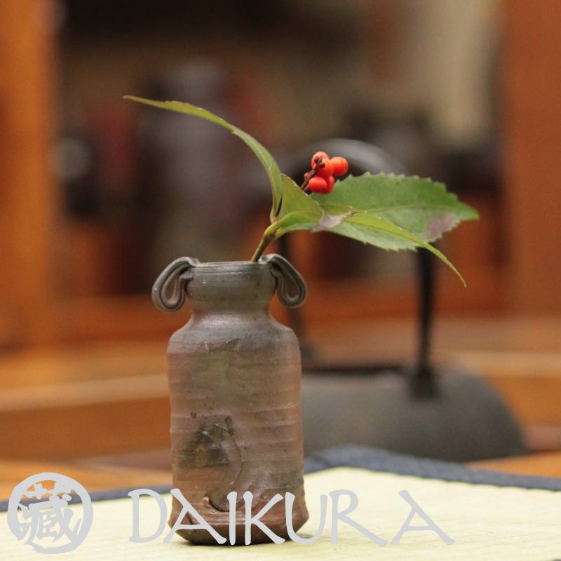 茶道具 備前焼 耳付 花入 落雁窯 幸崎達彦 共箱 陶芸 花器 花生 稽古