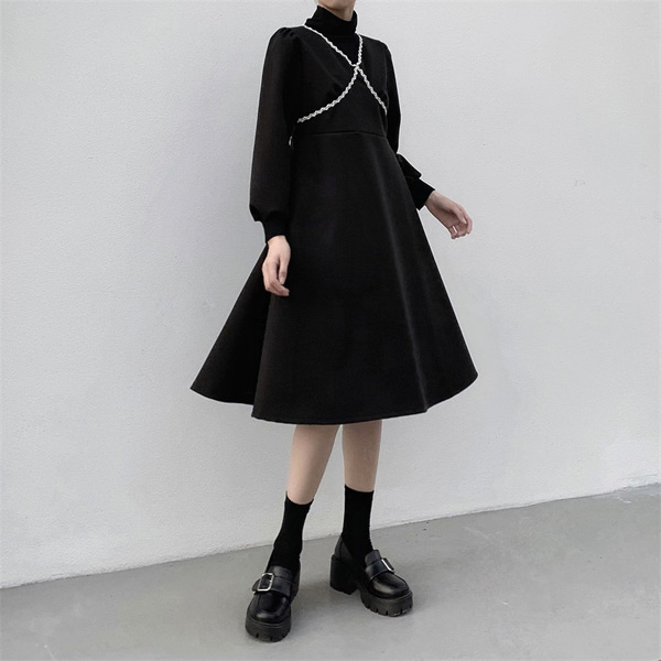 楽天市場】ワンピース ハイネック ブラック 長袖 フレアワンピース