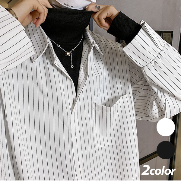 楽天市場】柄シャツ ストライプ柄 ハイネック レイヤード風 長袖 白 黒