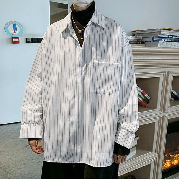 楽天市場】柄シャツ ストライプ柄 ハイネック レイヤード風 長袖 白 黒