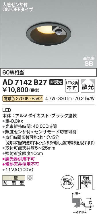 楽天市場】AD7142B27 人感センサ付LED高気密SBダウンライト (φ100・60W