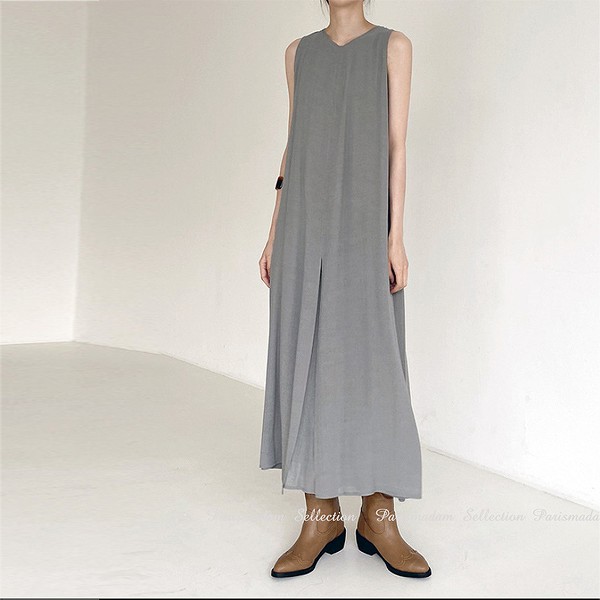 楽天市場】シックなノースリーブワンピース グレー系 ロングワンピース