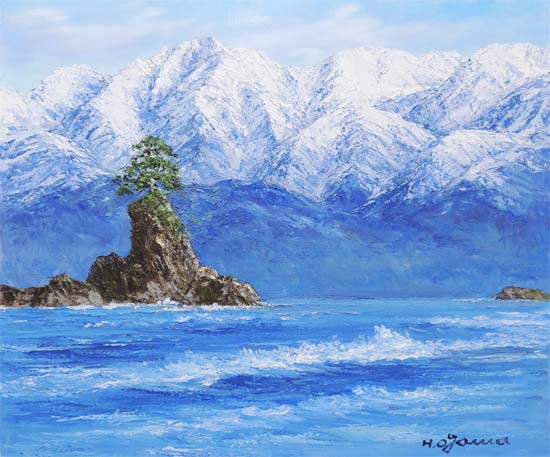 油彩画 P10号 小川久雄「雨晴海岸」 油絵 真筆 額入り 風景画 肉筆画