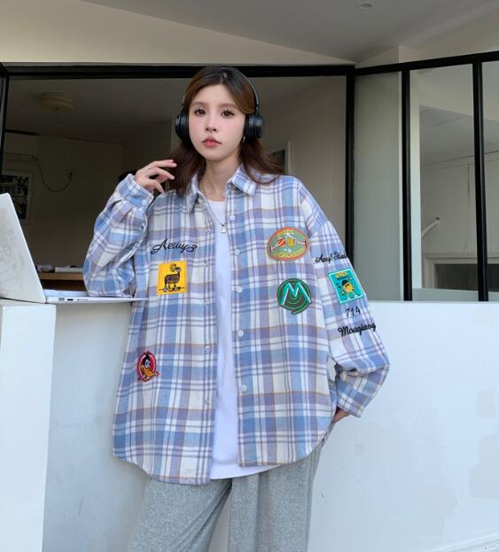 楽天市場】チェック柄 トップス シャツ 長袖 ワッペン ロゴ 前開き