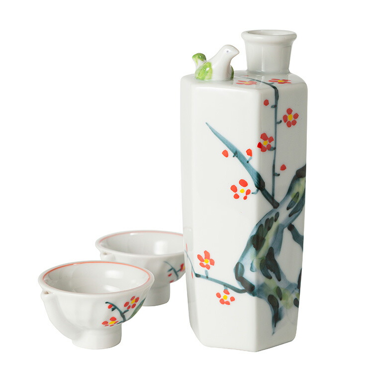 酒器 白梅画 徳利 穂山 盃 嘉々瑞 木箱付(メ1494) 酒器 白梅画 徳利 穂