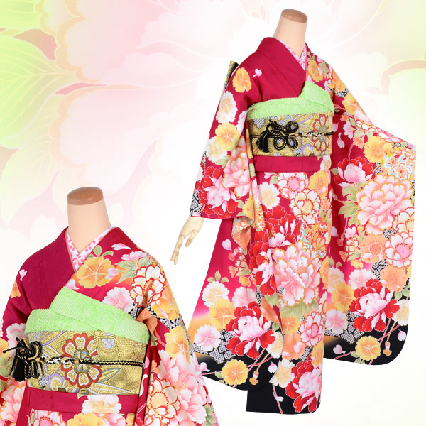 楽天市場】【成人式 振袖 レンタル】RS1626 正絹 赤 牡丹と桜に鞠（絹