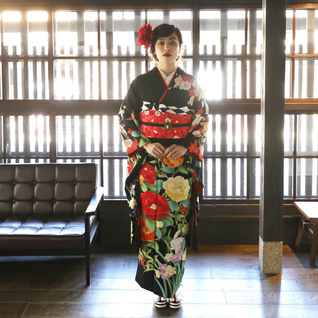 楽天市場】【成人式 振袖 レンタル】RS1170黒 椿に白うさぎ きもの道楽