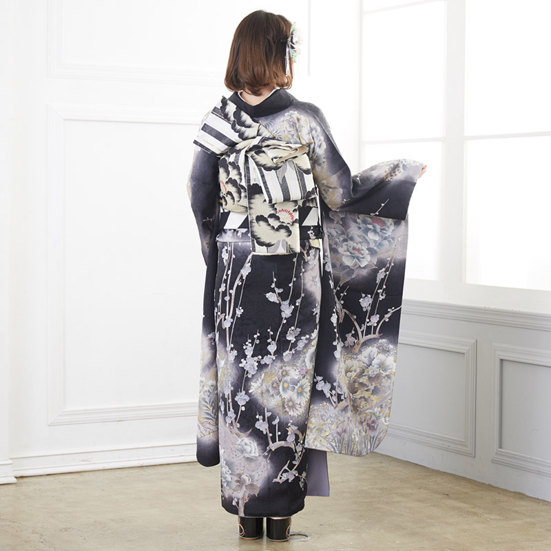 楽天市場】【成人式 振袖 レンタル】RS1382 正絹 黒 墨絵調 牡丹に槍梅