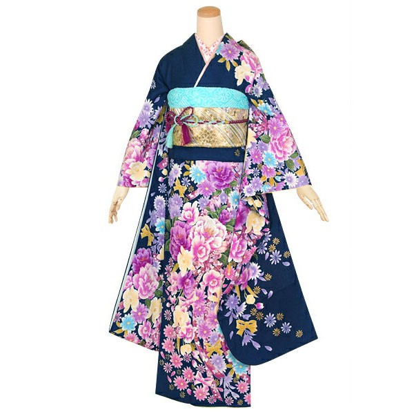 楽天市場】【成人式 振袖 レンタル】RS1309 正絹 紺 牡丹と蘭のブーケ