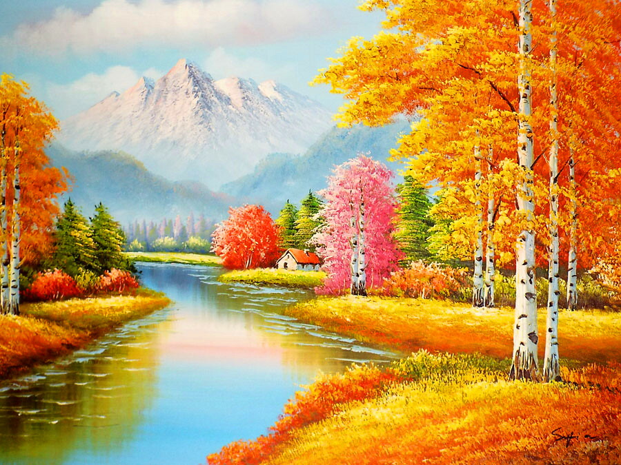 アンティーク 大型 山水 風景画 油彩画 油絵 壁掛け 金縁 絵画 アート