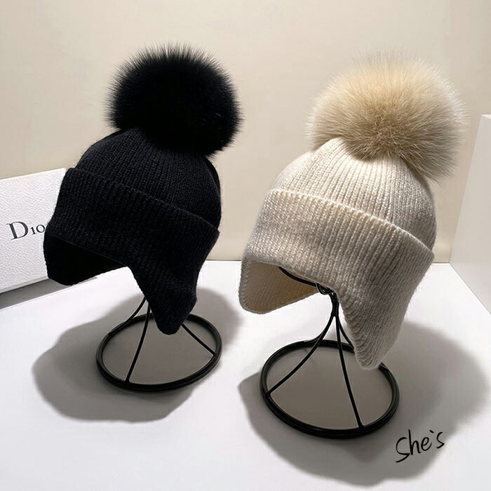 楽天市場】ニット帽 フォックスファー 特大 ポンポン付き ポンポンの