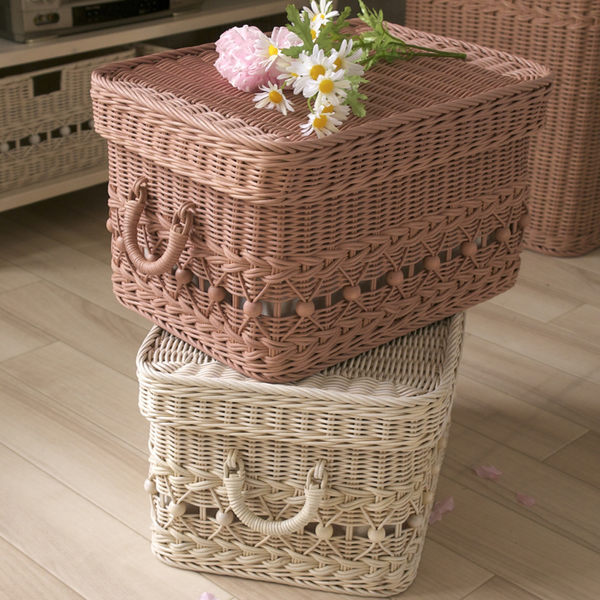 楽天市場】籐 フタ付バスケット スタッキング 持ち手付 fiore 幅38cm