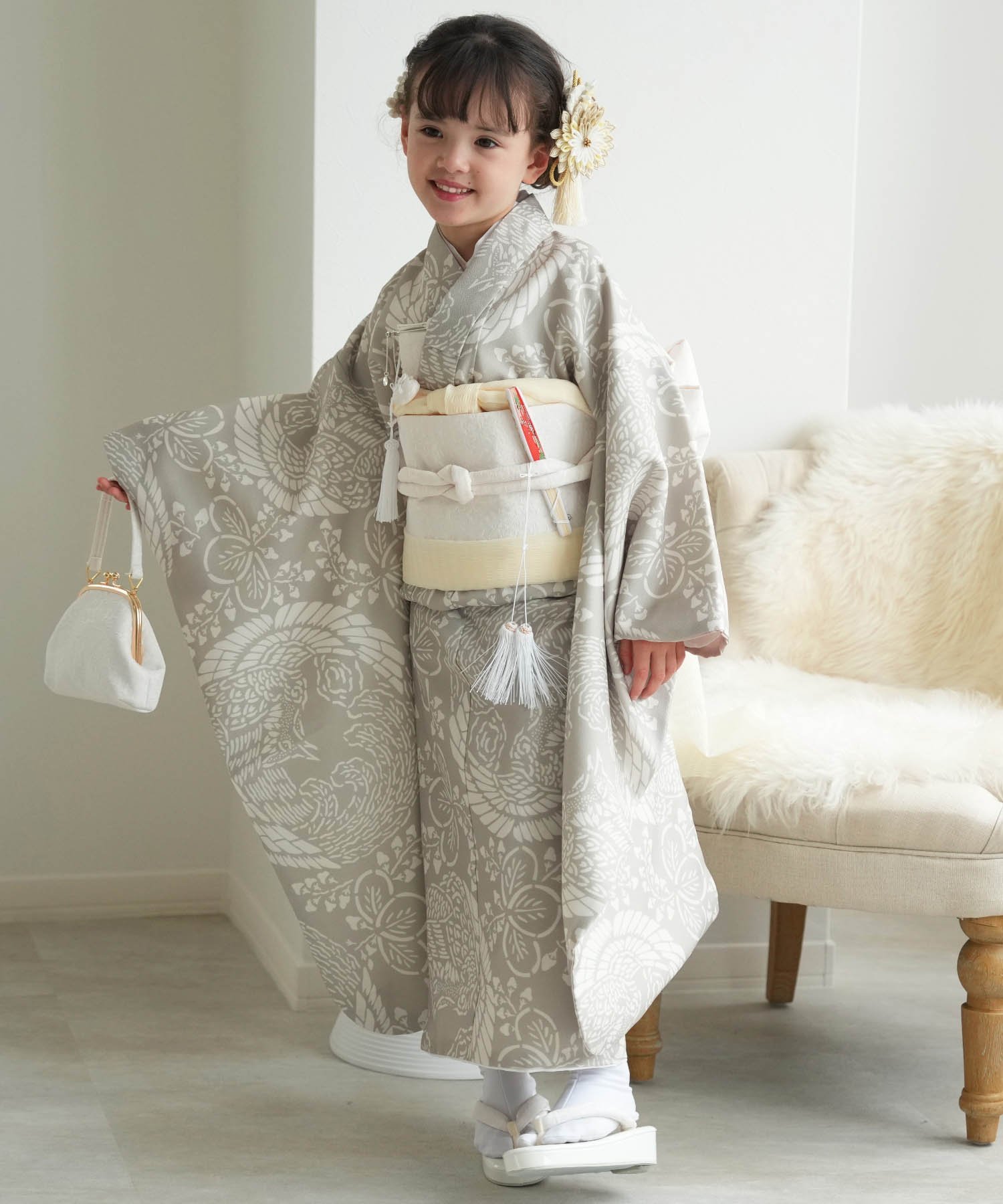 utatane｜ひよこ商店 七五三 着物 7歳 女の子 四つ身 灰緑鳳凰