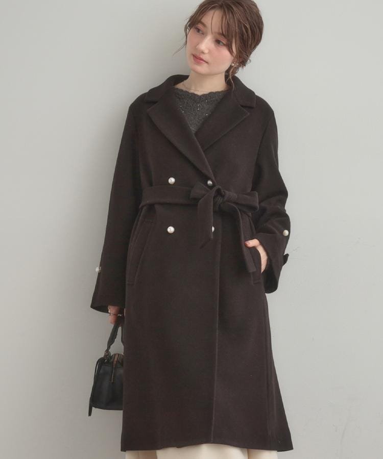 Couture Brooch｜【大人上品・ベルト付き】パール調釦チェスターコート