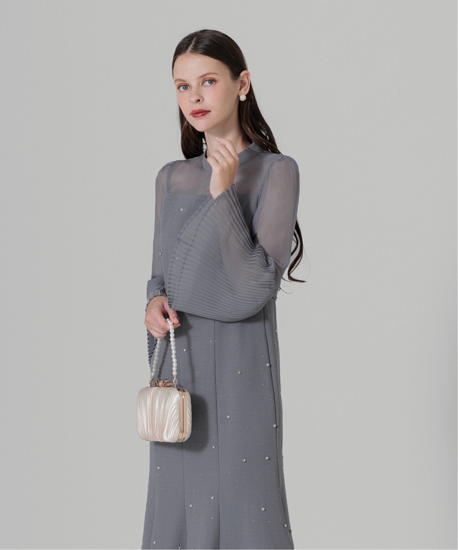 Leja｜LEJA/パールビジュープリーツフレアスリーブマーメイド