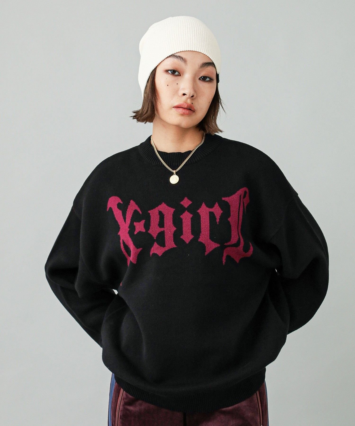 X-girl｜GOTHIC LOGO JACQUARD KNIT TOP | Rakuten Fashion(楽天