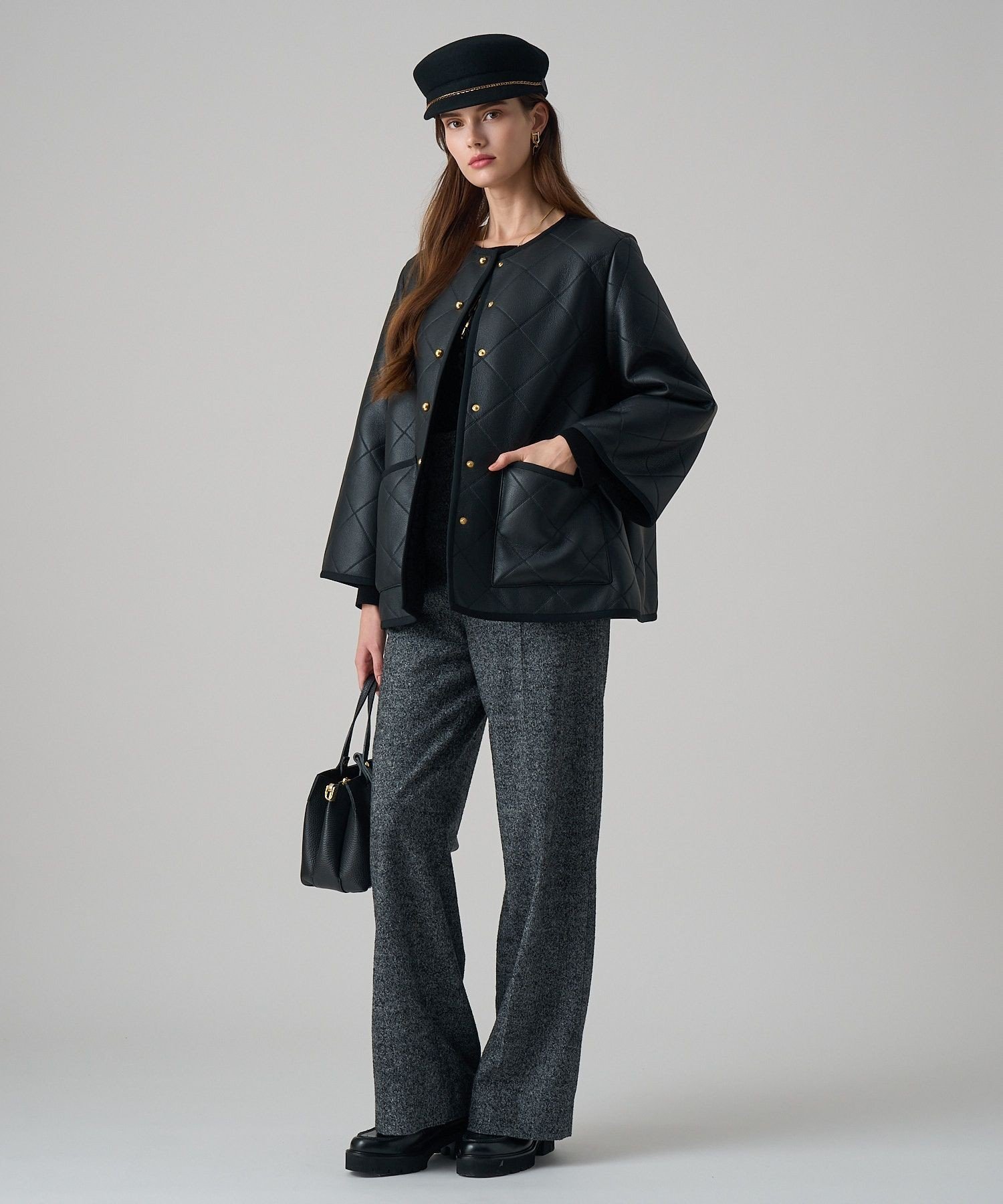 新品】ANAYI2025秋 ウールシルクツイードワイドパンツ 黒 36 ANAYI