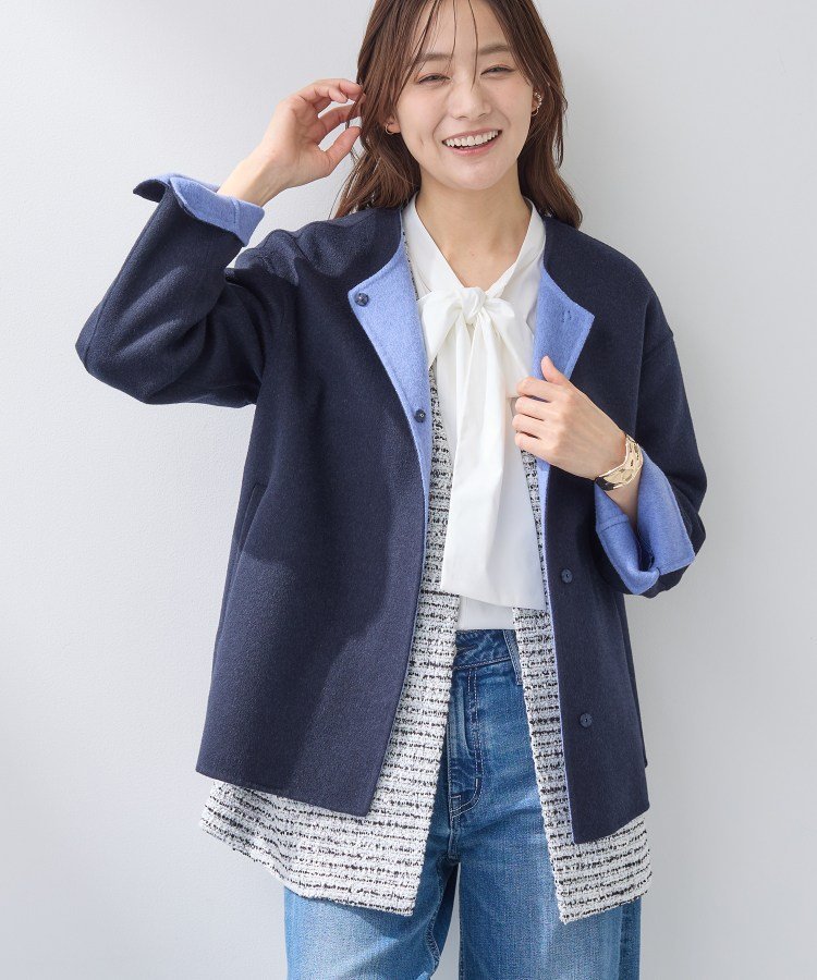 INDIVI｜【配色デザイン/ショート丈】ウールリバー ノーカラーコート