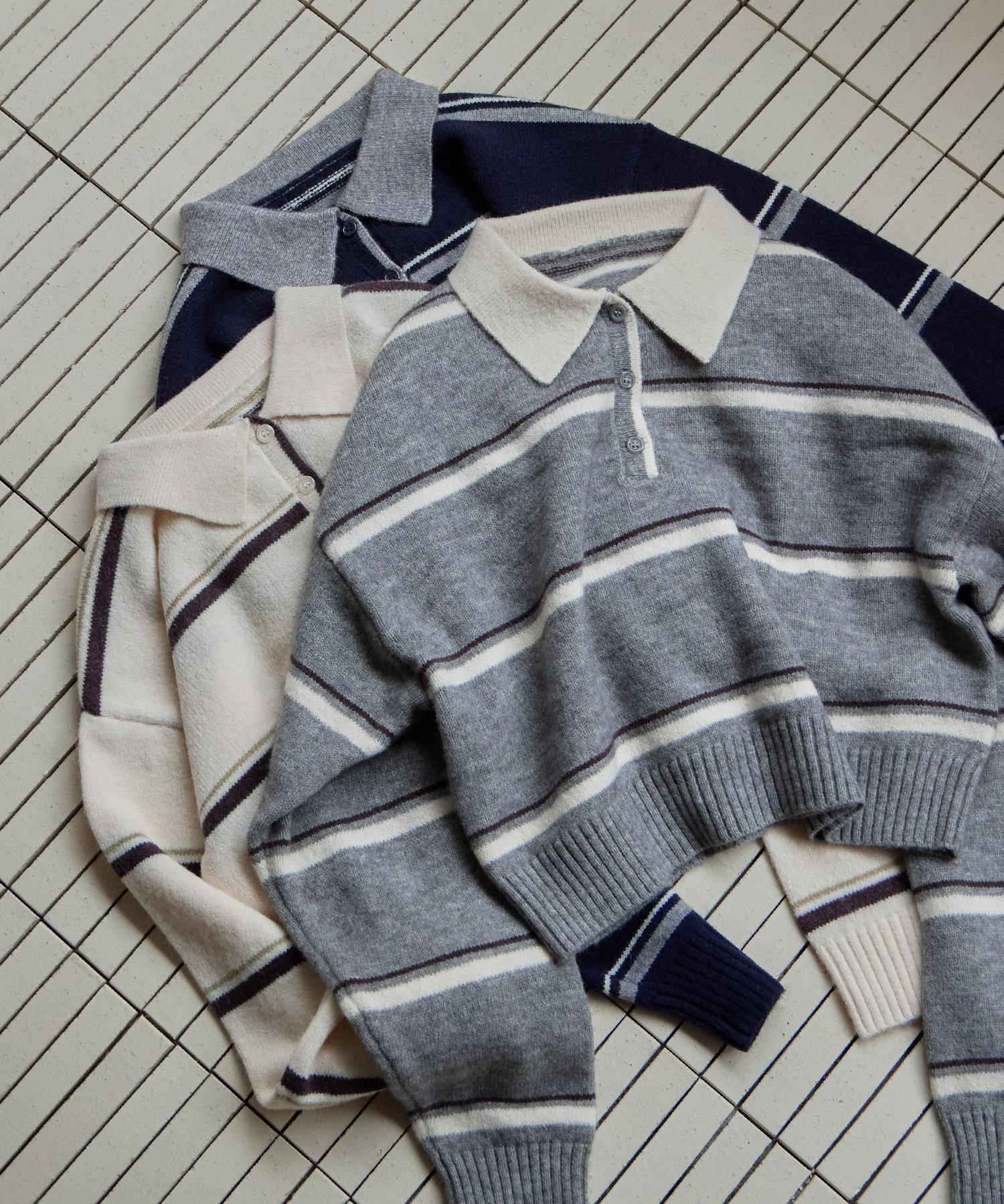 bflat｜マルチボーダーポロ襟ニット | Rakuten Fashion(楽天