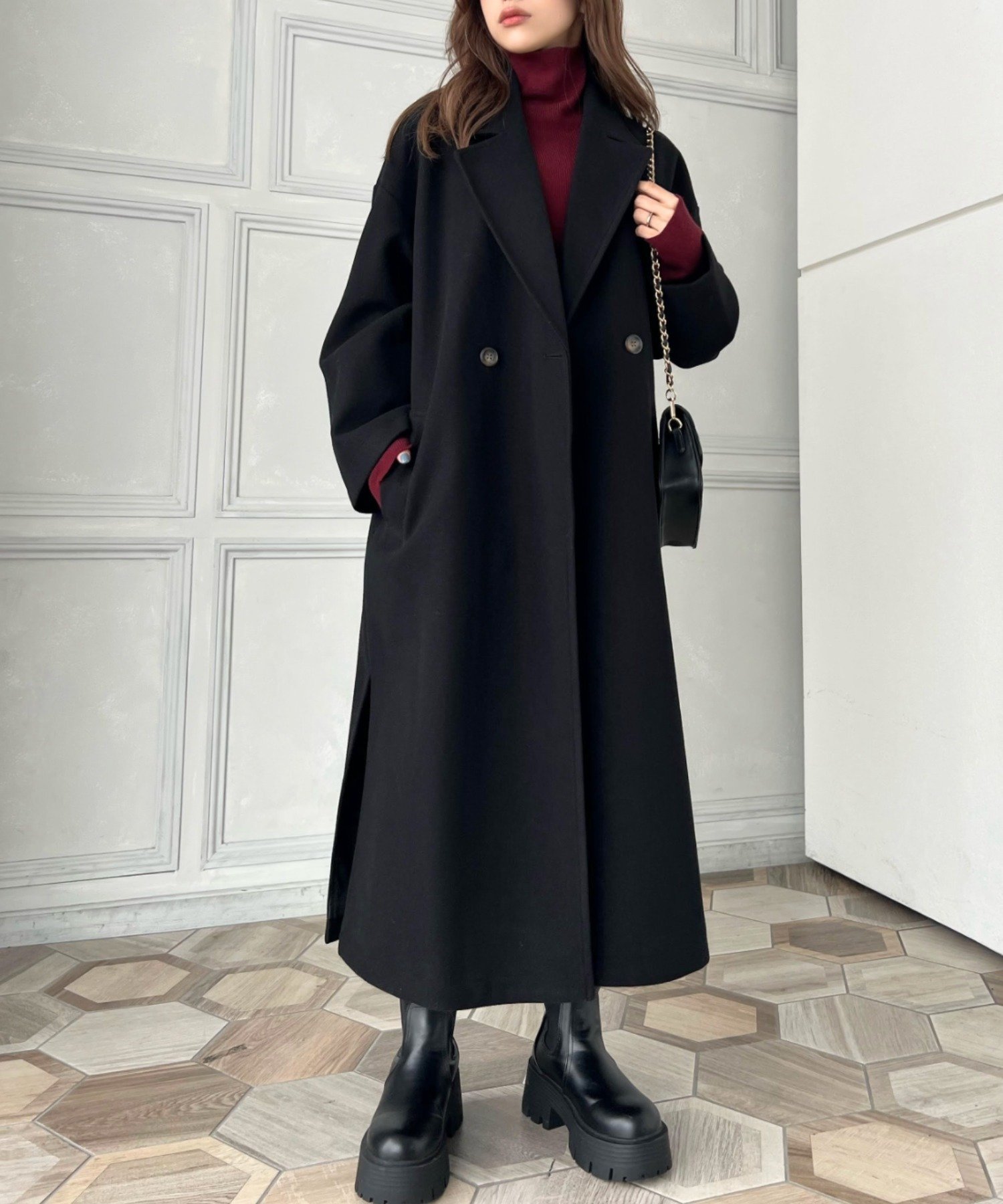 moment+｜ニットメルトンサイドスリットロングチェスターコート