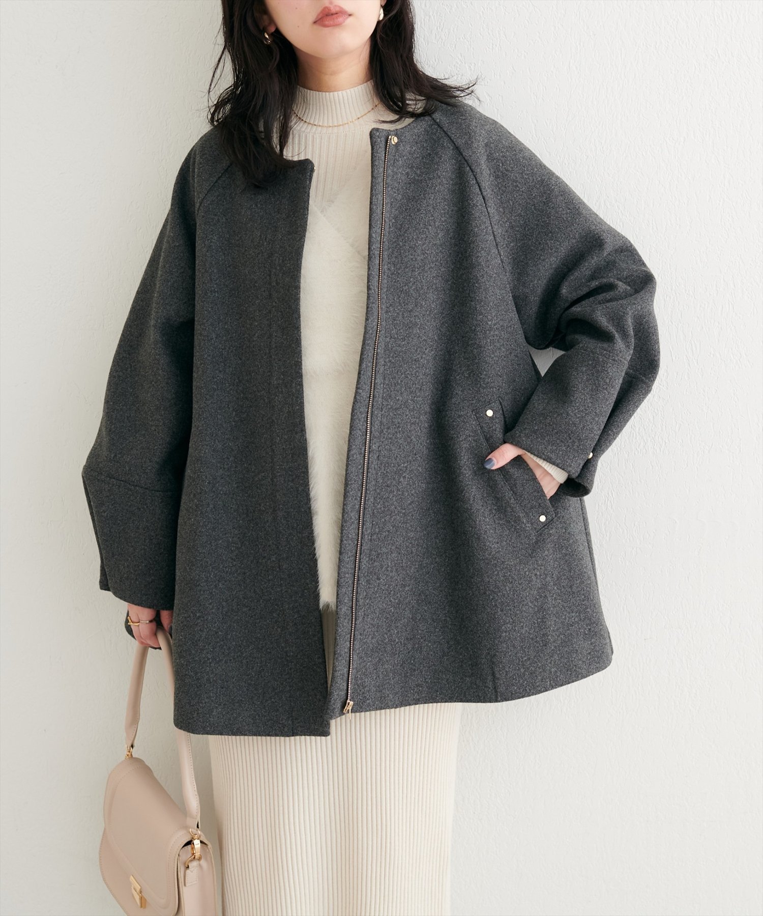 crewre 2wayノーカラーパファーコート サイズ1ブラウン ビス VIS 【静電気防止裏地】2WAYカラーロングコート【sustainable