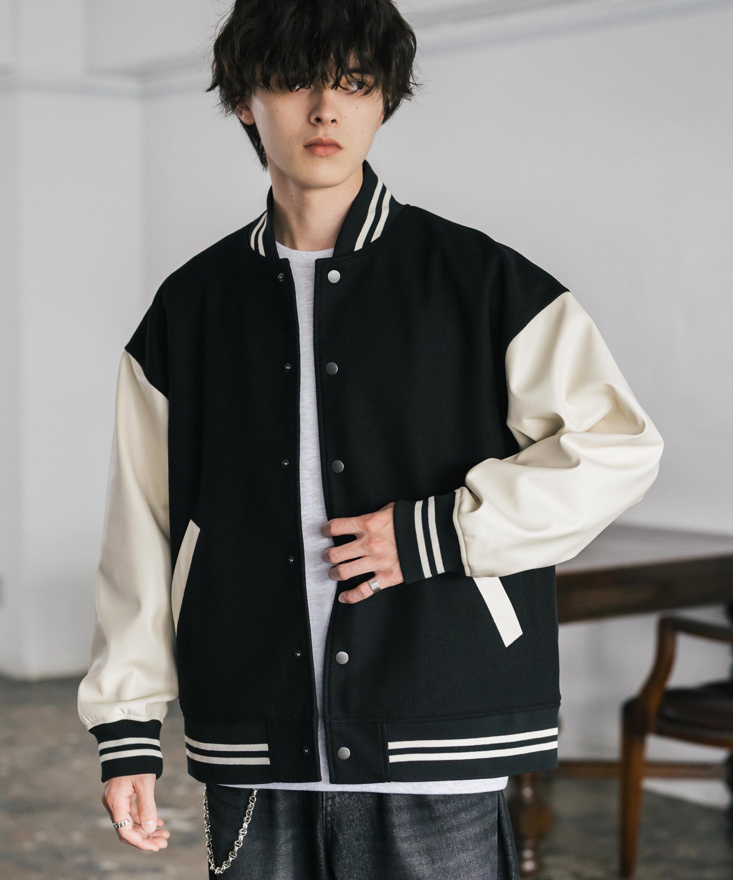 Rocky Monroe｜オーバーサイズテックメルトン/PUレザー切替スタジャン