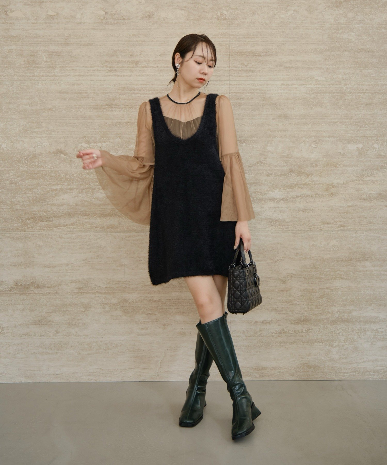 Leja｜Leja-シアーチュールベルスリーブペイントIラインワンピース