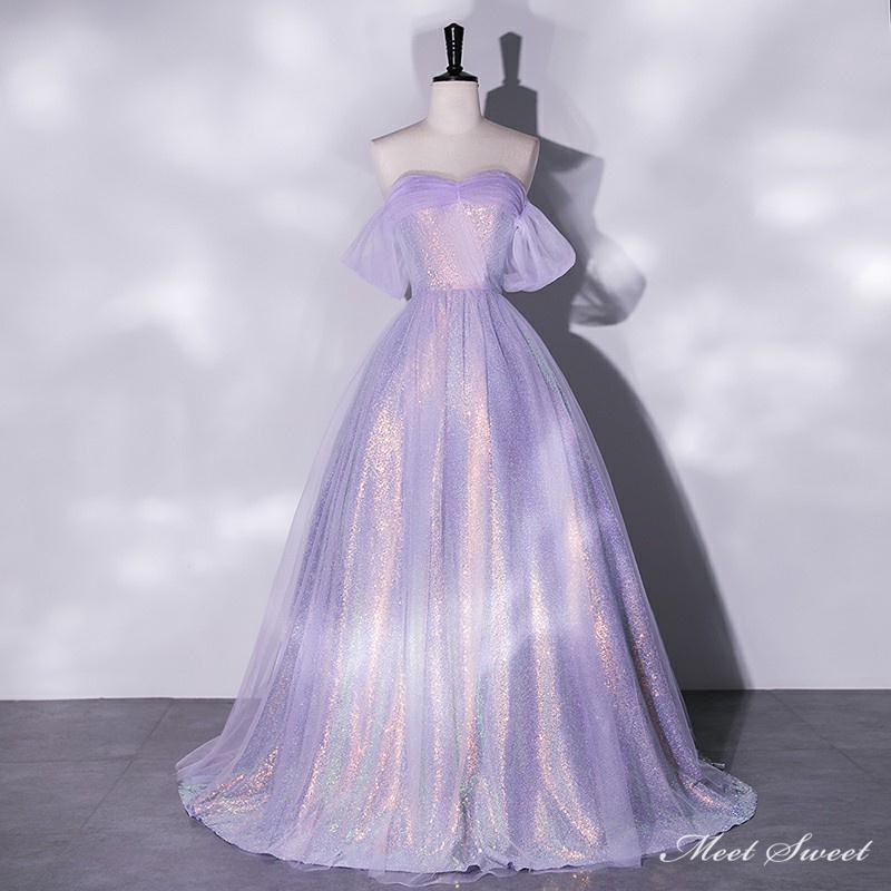 楽天市場】カラードレス 編み上げ パープル オフショルダー 紫 ロング