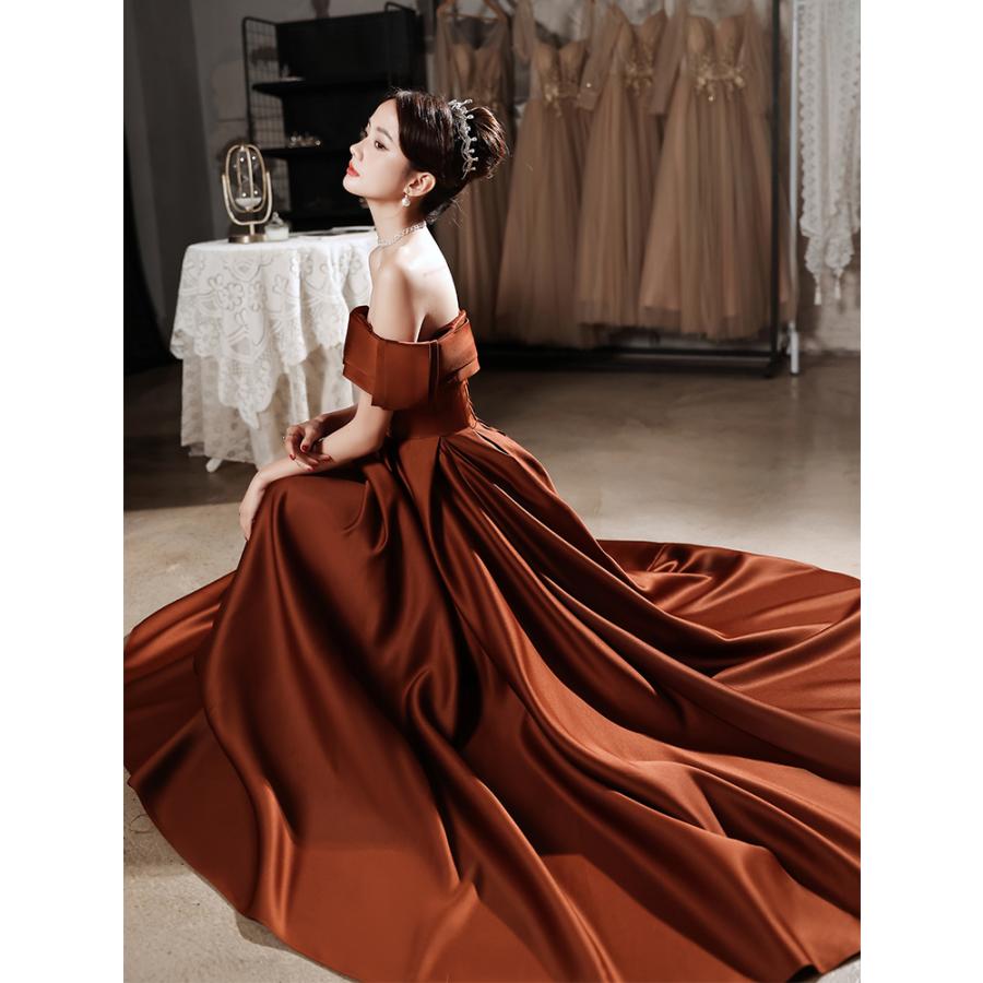 楽天市場】カラードレス 編み上げ ブラウン オフショルダー ロング