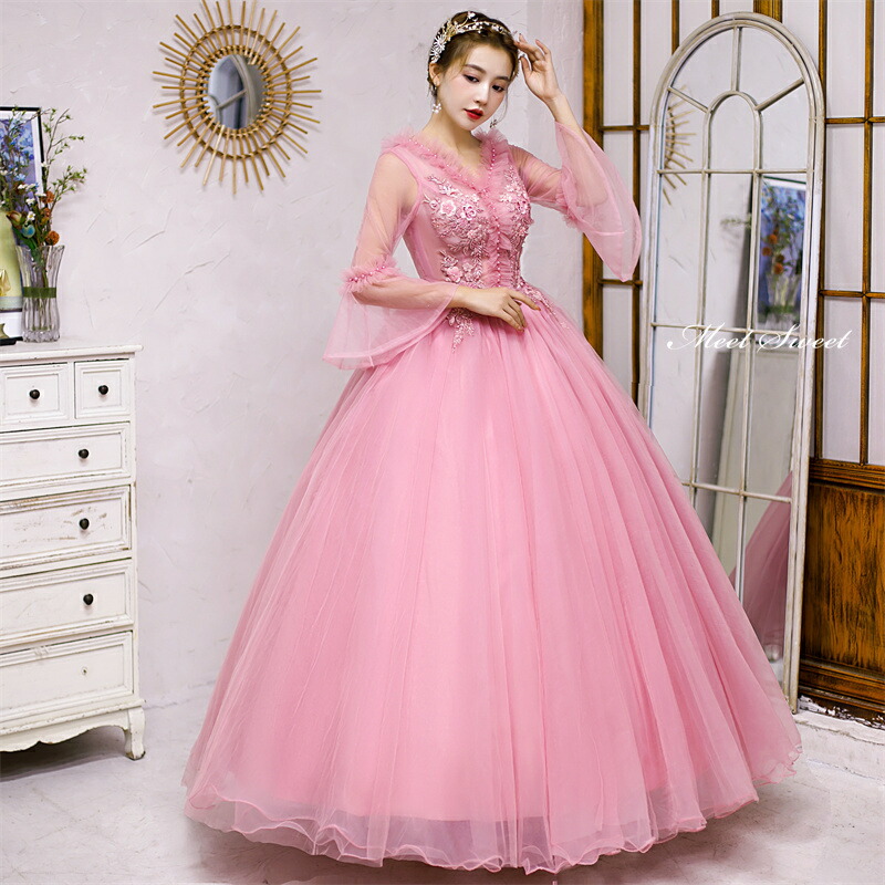 楽天市場】カラードレス プリンセスライン ピンク ベルスリーブ 長袖