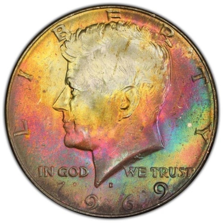 1969年 D シルバー ケネディ ハーフダラー 50セント レインボートーン