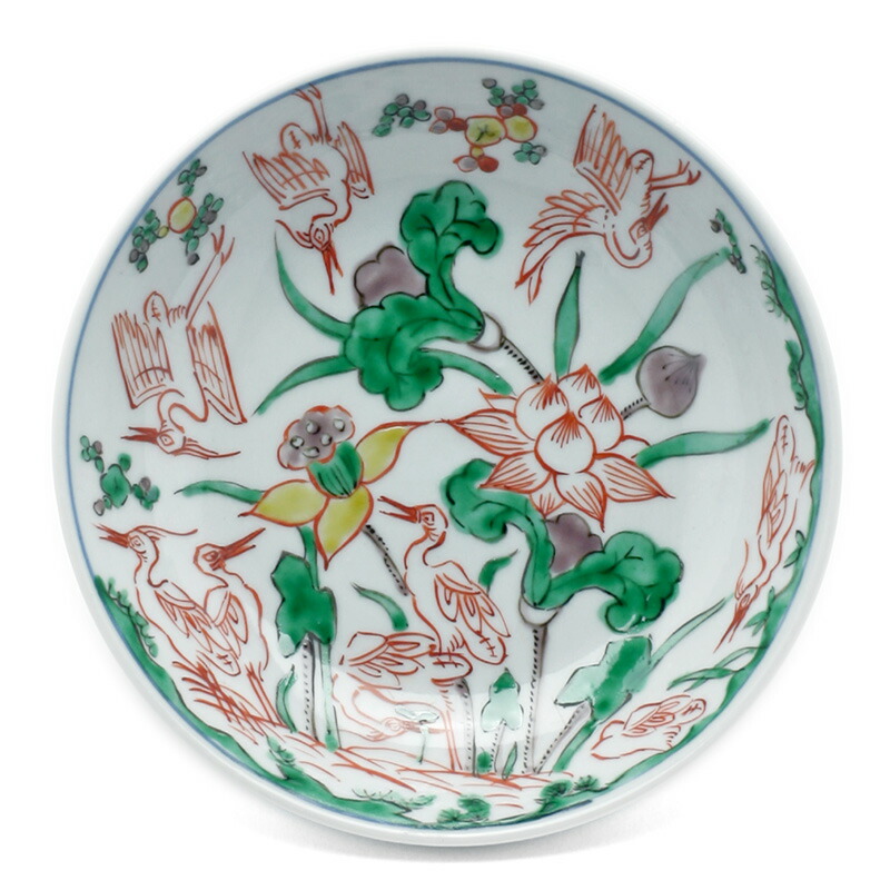 九谷焼 鷺 水仙 色絵 手塩皿 8枚 [B31369] 九谷焼 鷺 水仙 色絵 手塩皿