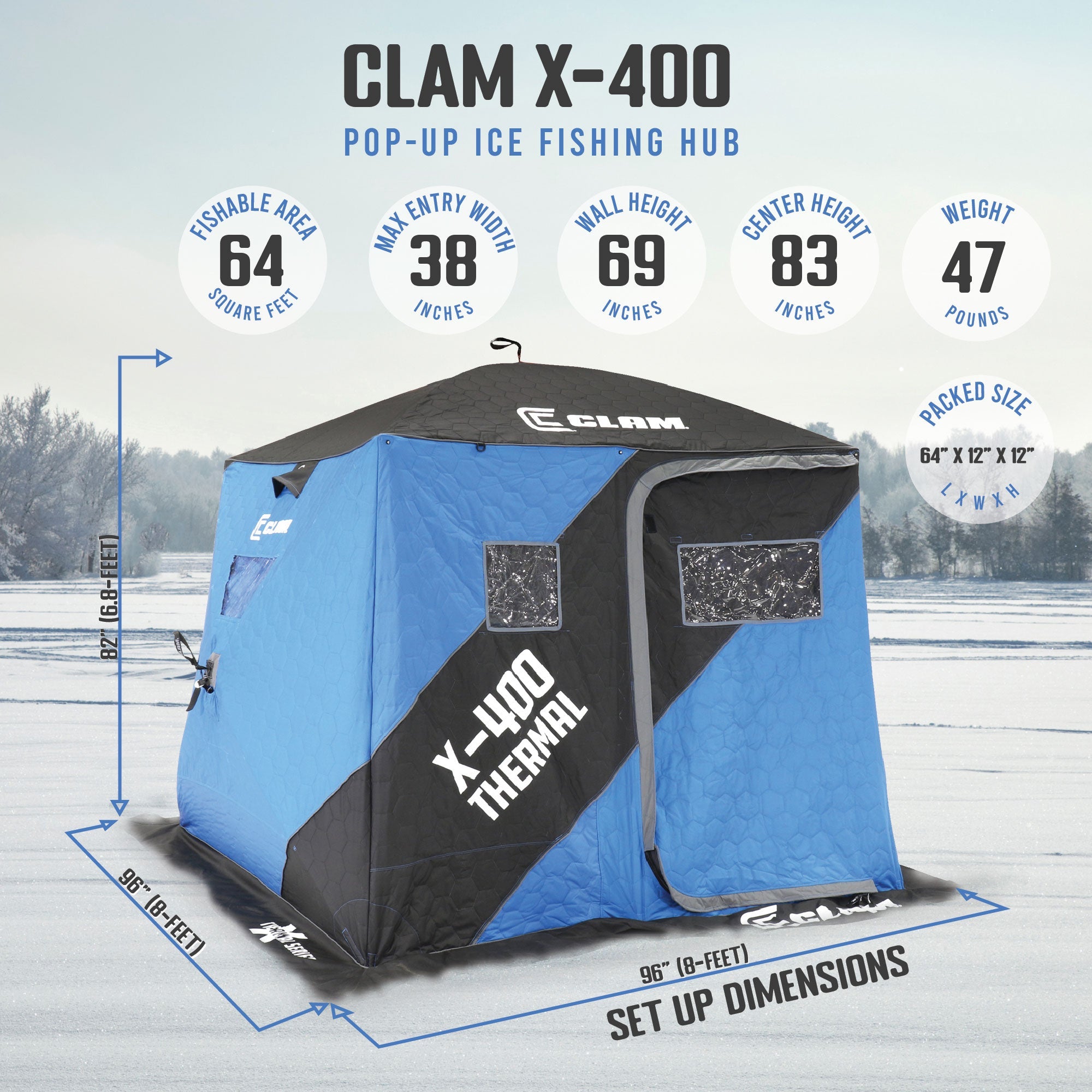 CLAM X-400 Portable 8 Ft 4 Person Pop Up Ice Fishing Thermal Hub