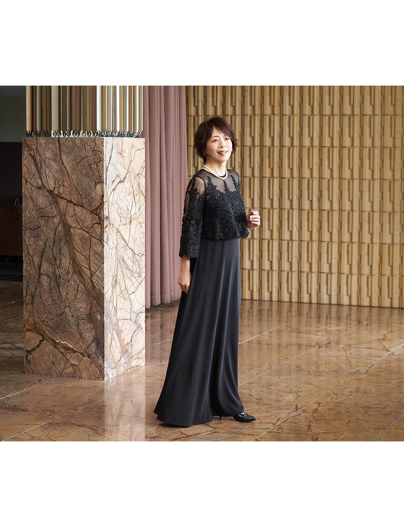 結婚式 母親ドレス 黒レース・マザーズドレス レース8分袖 MD0229-1-BK