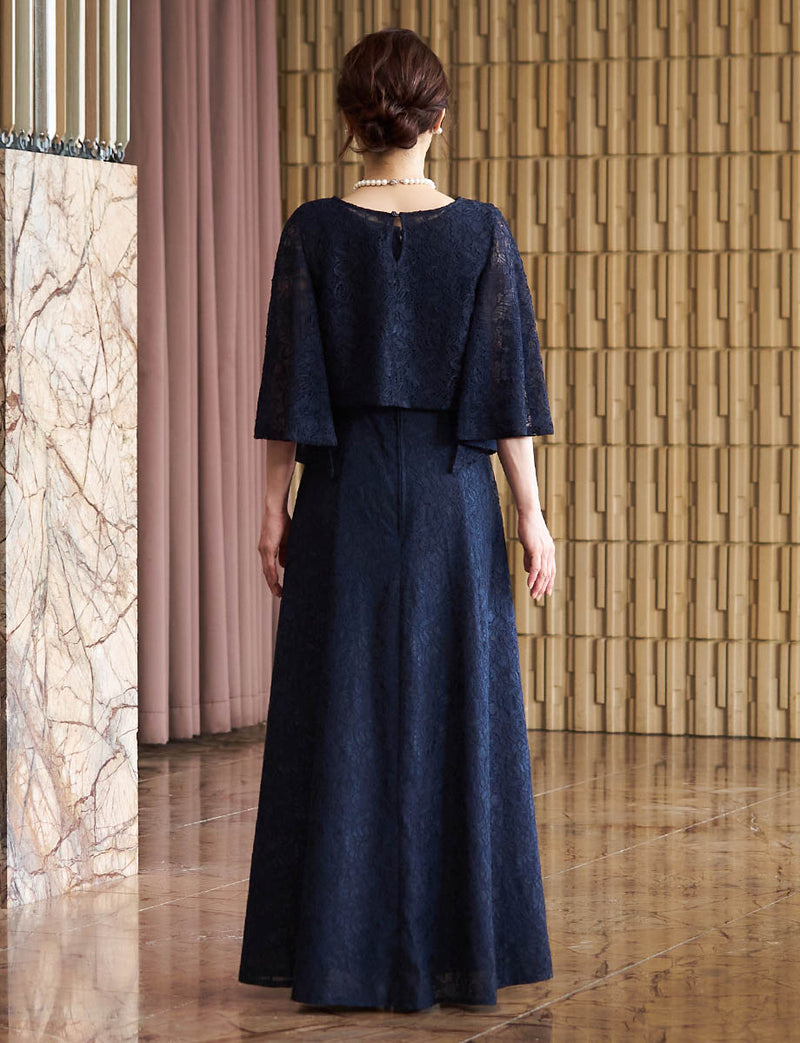 結婚式 母親ドレス ダークネイビー・マザーズドレス ケープスリーブ