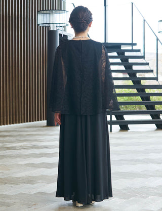 結婚式 母親ドレス 黒・マザーズドレス レース ケープ付き MD0407-BK