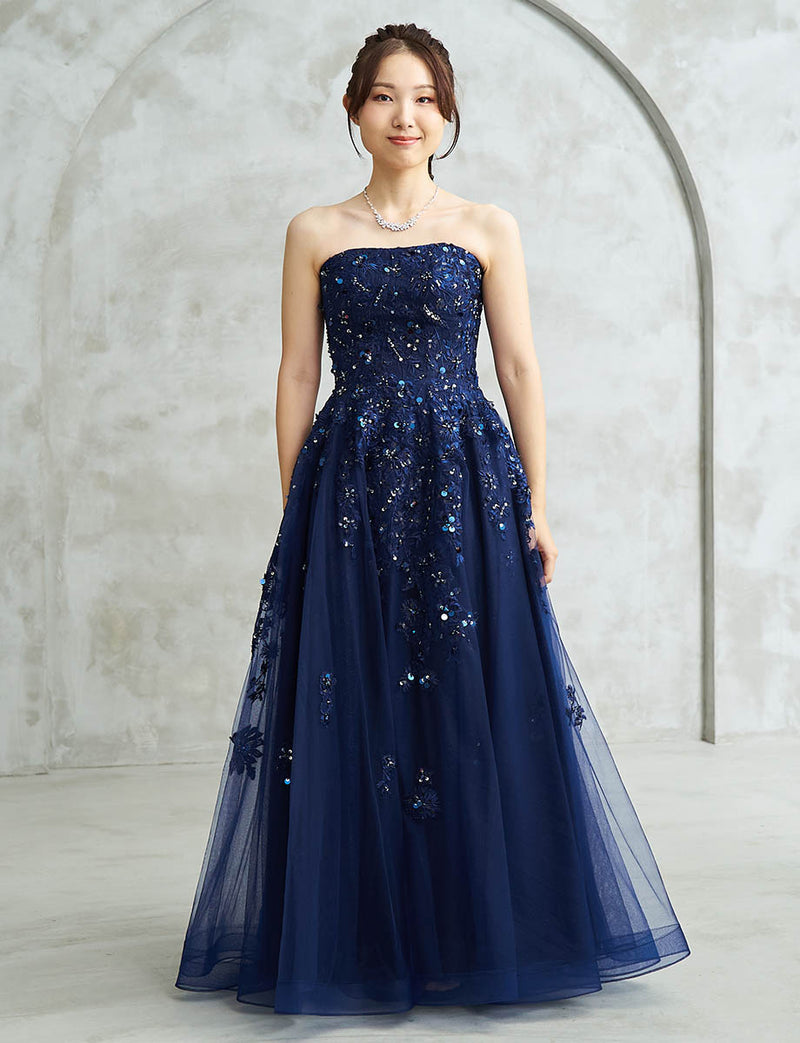 ダークネイビー ロングドレス ベアトップ ビジュ刺繍 チュール 肩