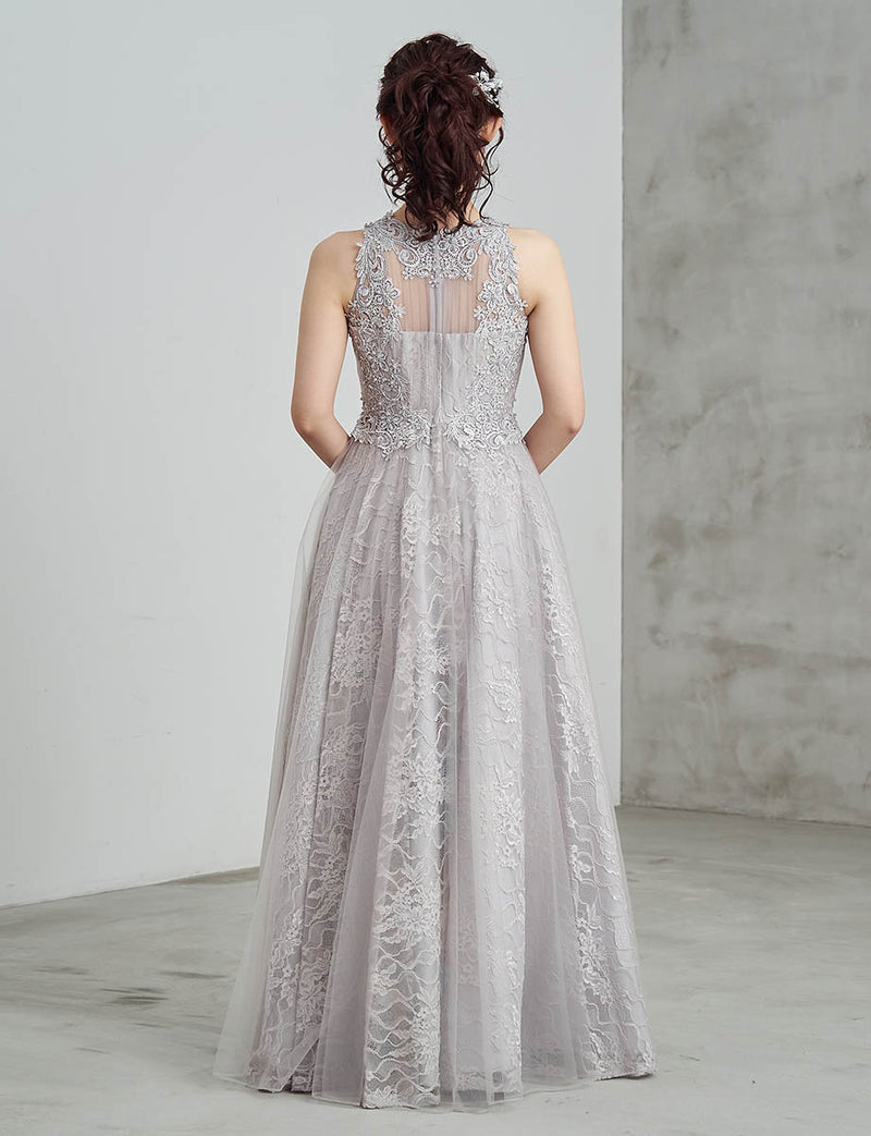 ロングドレス シルバーグレー アメリカンスリーブ チュールレース 演奏