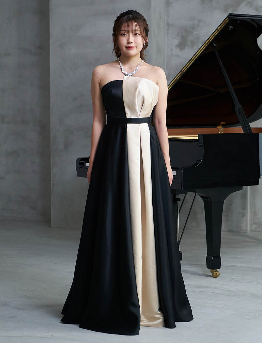 ベアトップロングドレス 演奏会用 ブラックゴールド サテン｜ツイード