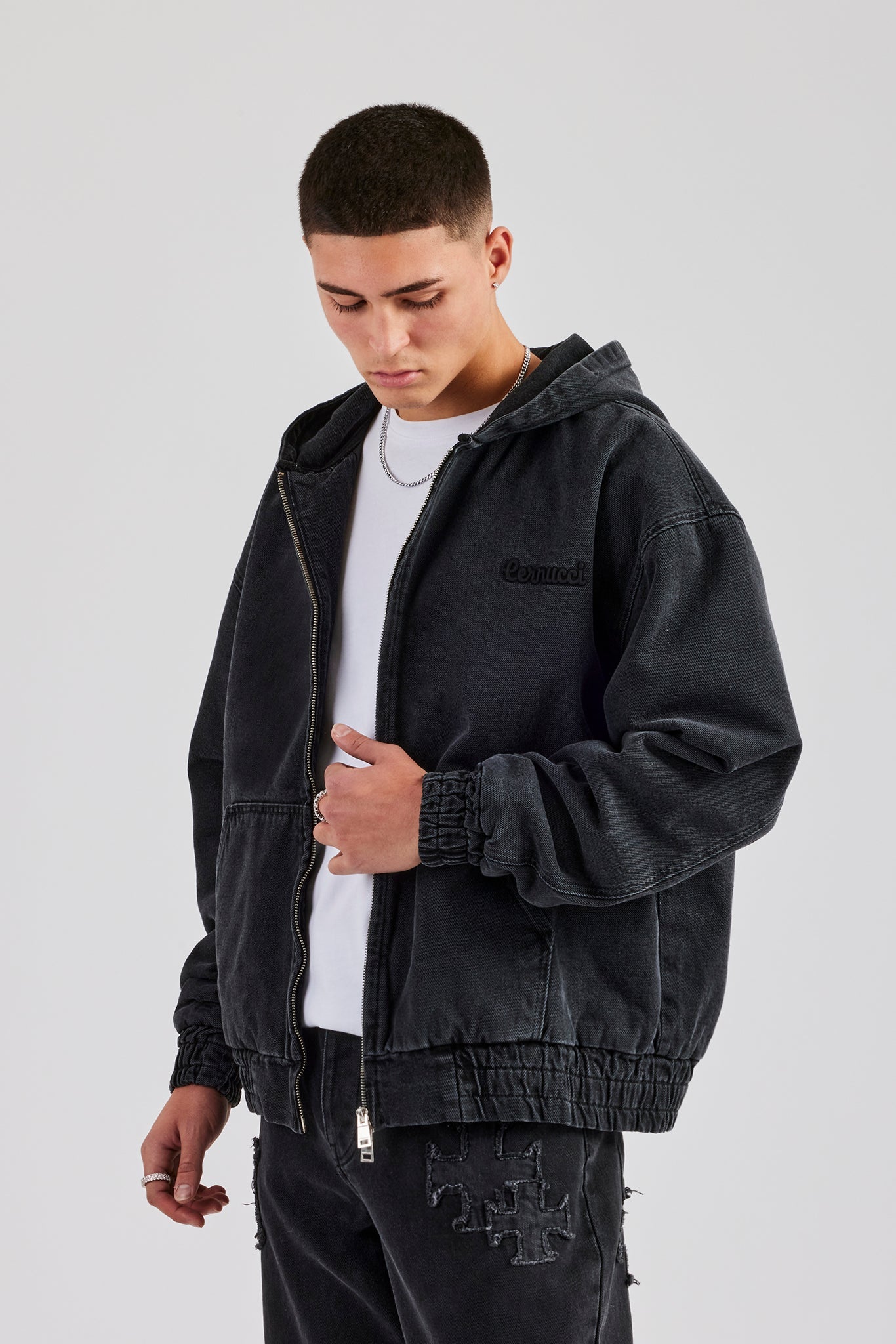 Denim Zip Through Jacket - Washed Black | Mens Outerwear | Shop
