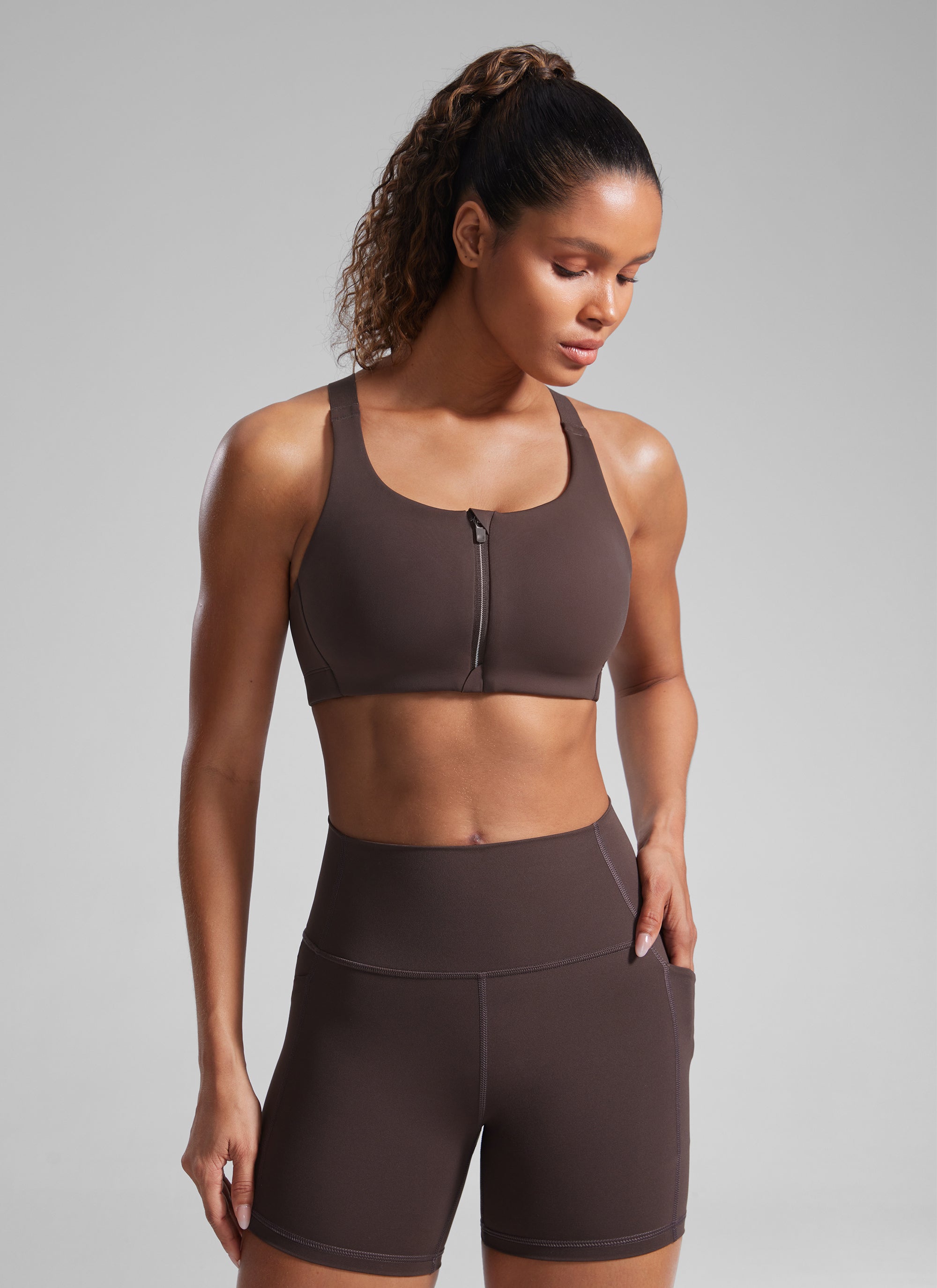 CRZ YOGA Womens Zip Front High Impact Sport Bra with Adjustable