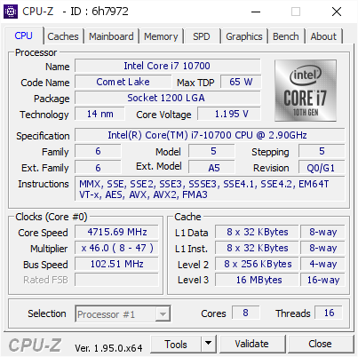 Intel Core i7-10700 動作品 Intel Core i7 10700 @ 4715.69 MHz - CPU