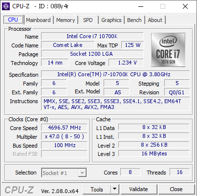 Intel Core i7 10700K @ 4696.57 MHz - CPU-Z VALIDATOR