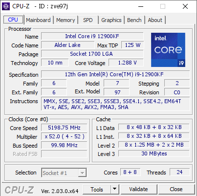 Intel Core i9 12900KF @ 5198.75 MHz - CPU-Z VALIDATOR