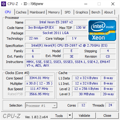 Intel Xeon E5 2697 v2 @ 3344.01 MHz - CPU-Z VALIDATOR